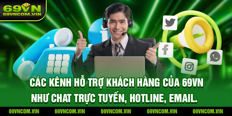 Các kênh hỗ trợ khách hàng của 69VN như chat trực tuyến, hotline, email.