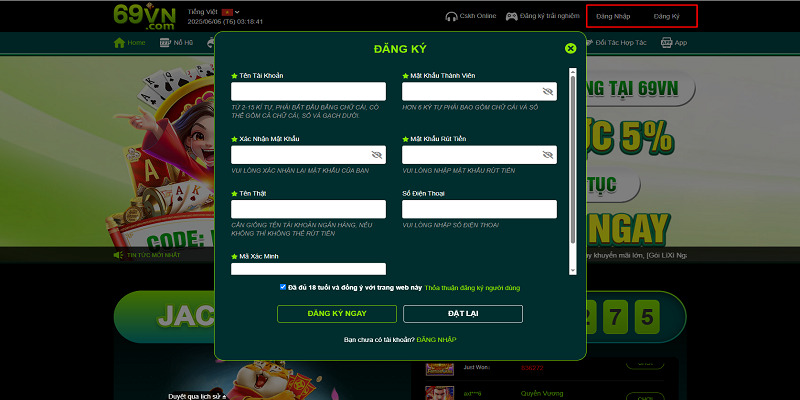 Biểu mẫu đăng ký tài khoản 69VN trên máy tính với các trường thông tin như Tên đăng nhập, Mật khẩu, Số điện thoại. (Ảnh thực tế)