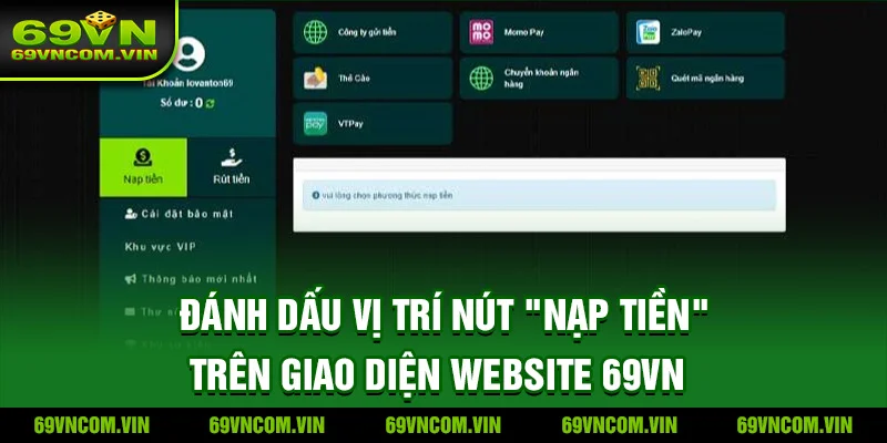Vị trí nút "Nạp Tiền" trên giao diện website 69VN